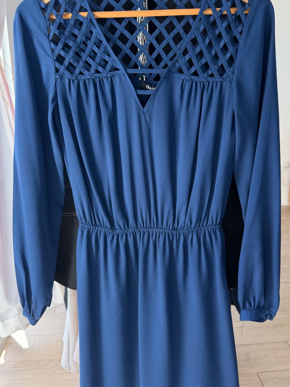 Gianni Bini Navy Blue Long Sleeve Dress with Lattice Yoke